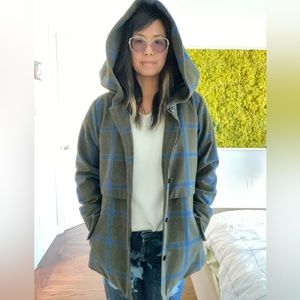 Beautiful reinspired wool peacoat army green & blue check print w modern detail